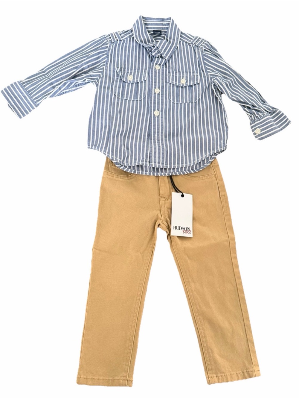 GAP Kids Blue Striped Button-Up with Hudson Tan Pants Set